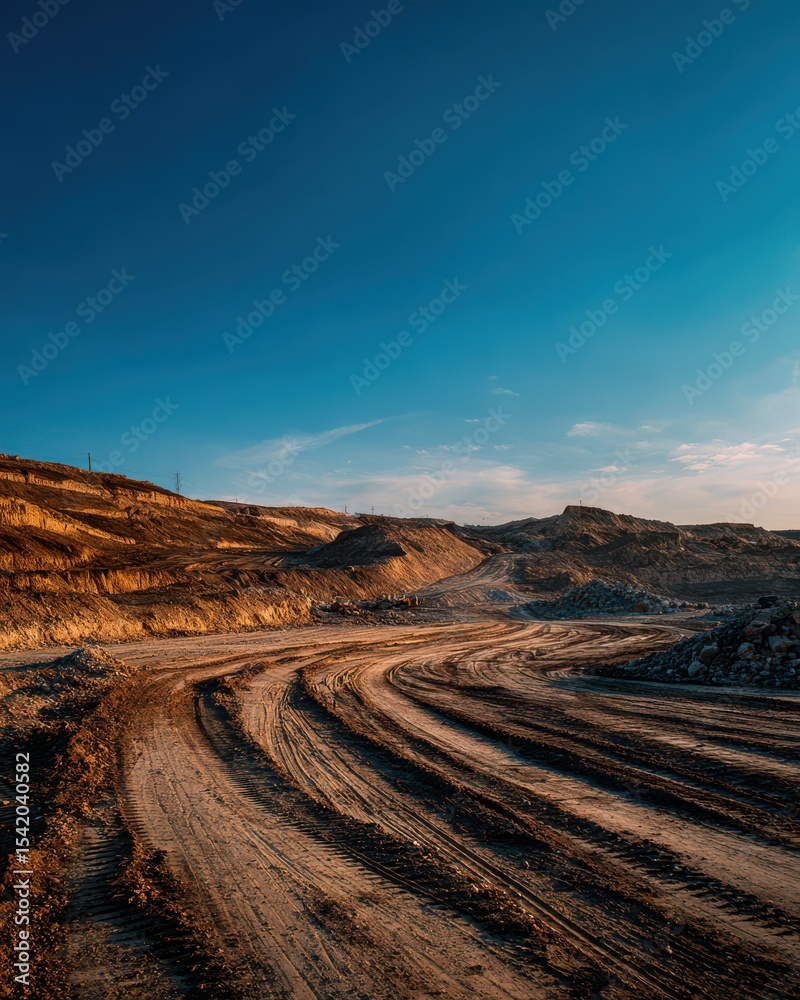 Naklejka premium Scenic View of a Dirt Road Curving Through a Barren Landscape Under a Clear Blue Sky at Sunset