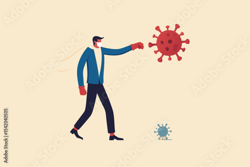 Fighting for business to survive and stop COVID-19 Coronavirus outbreak crisis concept, Confident businessman leader wearing suit with boxing gloves fighting with COVID-19 virus pathogen.