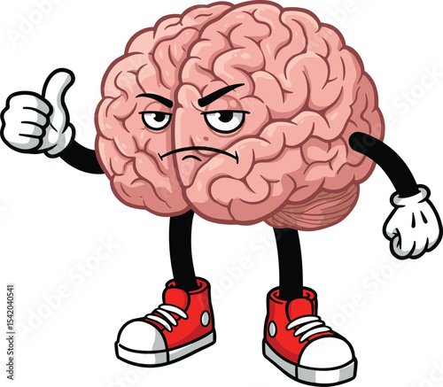 Cartoon brain giving thumbs up with determined expression, smart thinking concept, clever idea illustration, human intelligence symbol, vector design Keywords