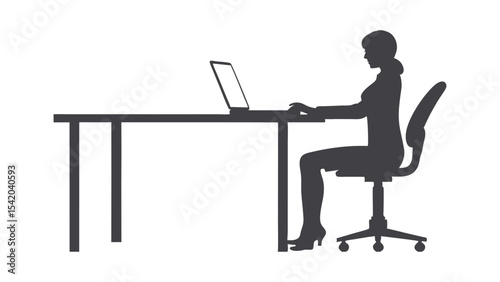 Young woman sitting at a desk with a laptop, a silhouette of a person working in an office a minimalist silhouette of a businesswoman  working on laptop at desk icon vector illustration