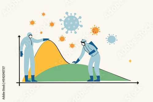Social distancing, flatten the curve Coronavirus COVID-19 preventing a sharp peak of infections, medical workers work to flatten the curve to slow COVID-19 infection for enough health care capacity.