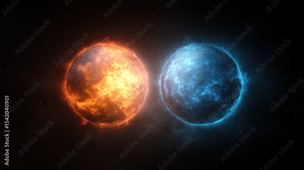 Obraz premium This striking image features two celestial bodies, one blazing orange and the other a cool blue, representing the duality of elements in the universe and cosmic beauty.