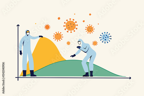 Social distancing, flatten the curve Coronavirus COVID-19 preventing a sharp peak of infections, medical workers work to flatten the curve to slow COVID-19 infection for enough health care capacity.