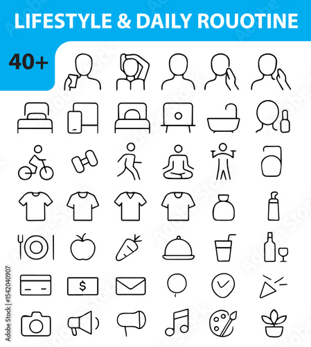 Lifestyle and Daily Routine Line Icons Set, Editable Vector Symbols for Habits, Activities, Health, and Everyday Living


