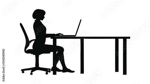 Silhouette of a man sitting at a desk, working on a laptop, perfect for business and office illustrations a minimalist silhouette of a businesswoman  working on laptop at desk icon vector illustration
