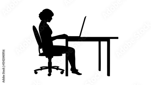 Woman sitting at a desk, typing on a laptop, a business person hard at work in an office a minimalist silhouette of a businesswoman  working on laptop at desk icon vector illustration
