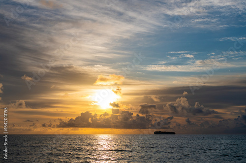 Fototapeta Naklejka Na Ścianę i Meble -  Calm horizon at sea nature. Romantic summer vacation on beach seascape. Sunrise sky horizon. Sea sunset view. Cloudy sunset sky and seascape at summer vacation. Skyscape with sea sunrise. Afterglow