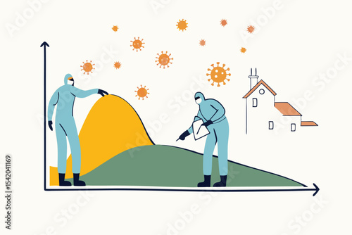 Social distancing, flatten the curve Coronavirus COVID-19 preventing a sharp peak of infections, medical workers work to flatten the curve to slow COVID-19 infection for enough health care capacity.