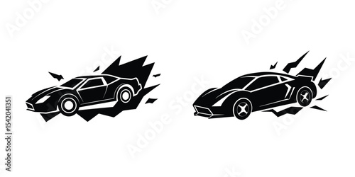 Fast Sports Car Three Quarter Perspective Tearing Silhouette on White Background