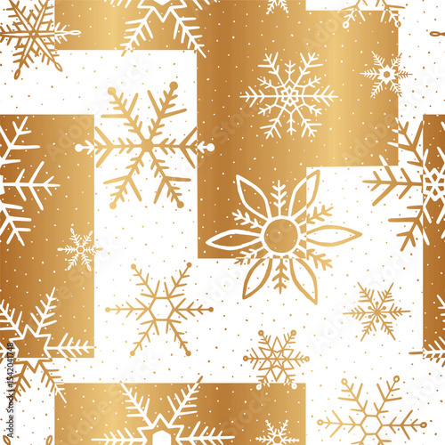 Snowflake seamless pattern. Repeated gold snowflakes background for design winter prints. Decorative snow flake. Cute golden snowing. Repeating falling snowflakes patern. Ice star. Vector illustration