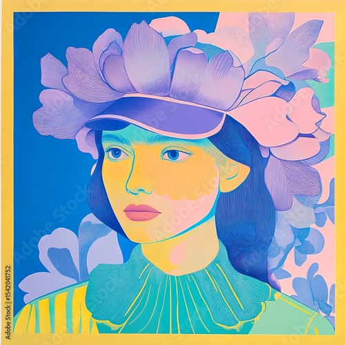 Abstract Portrait of a Woman with Floral Hat and Vivid Color Palette