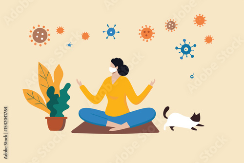 Stay calm at home by meditation or yoga in social distancing self isolation in COVID-19 Coronavirus outbreak lockdown concept, woman meditate and yoga at home to stay calm, COVID-19 virus around.