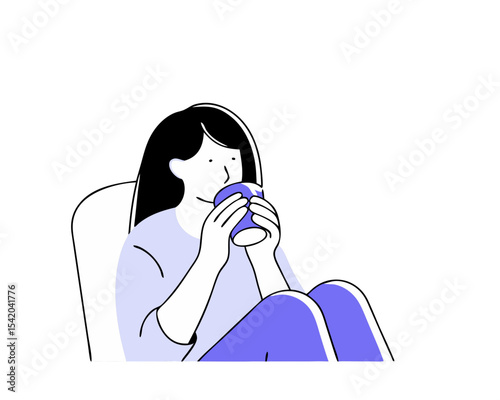 Woman Drinking Beverage - Refreshing Moment Vector Illustration