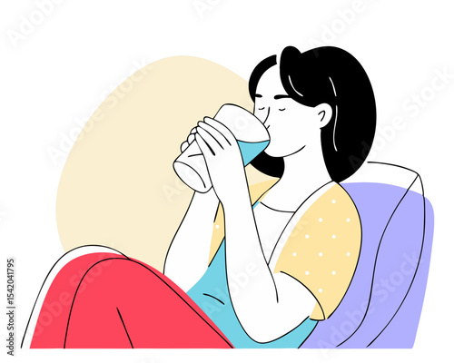 Woman Drinking Beverage - Refreshing Moment Vector Illustration