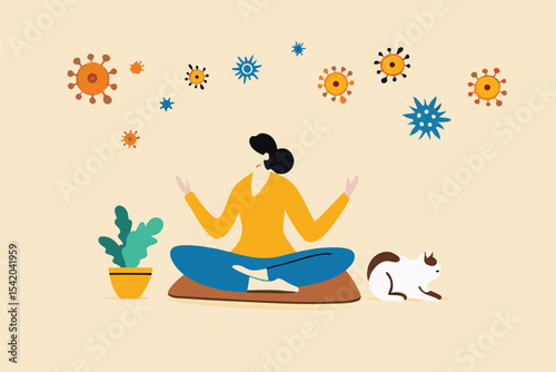 Stay calm at home by meditation or yoga in social distancing self isolation in COVID-19 Coronavirus outbreak lockdown concept, woman meditate and yoga at home to stay calm, COVID-19 virus around.