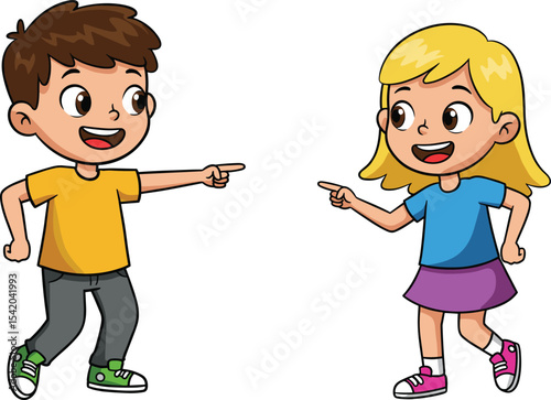 Happy cartoon boy and girl pointing at each other, playful kids gesturing, isolated on white, childhood fun, pointing game, cheerful children illustration