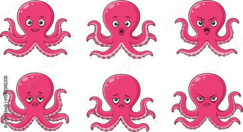 Cute cartoon octopus character set with various facial expressions, emotional sea animal illustration, marine creature emoji icons for graphic design