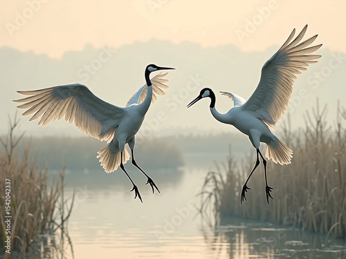 Two cranes dancing in the air among the reeds