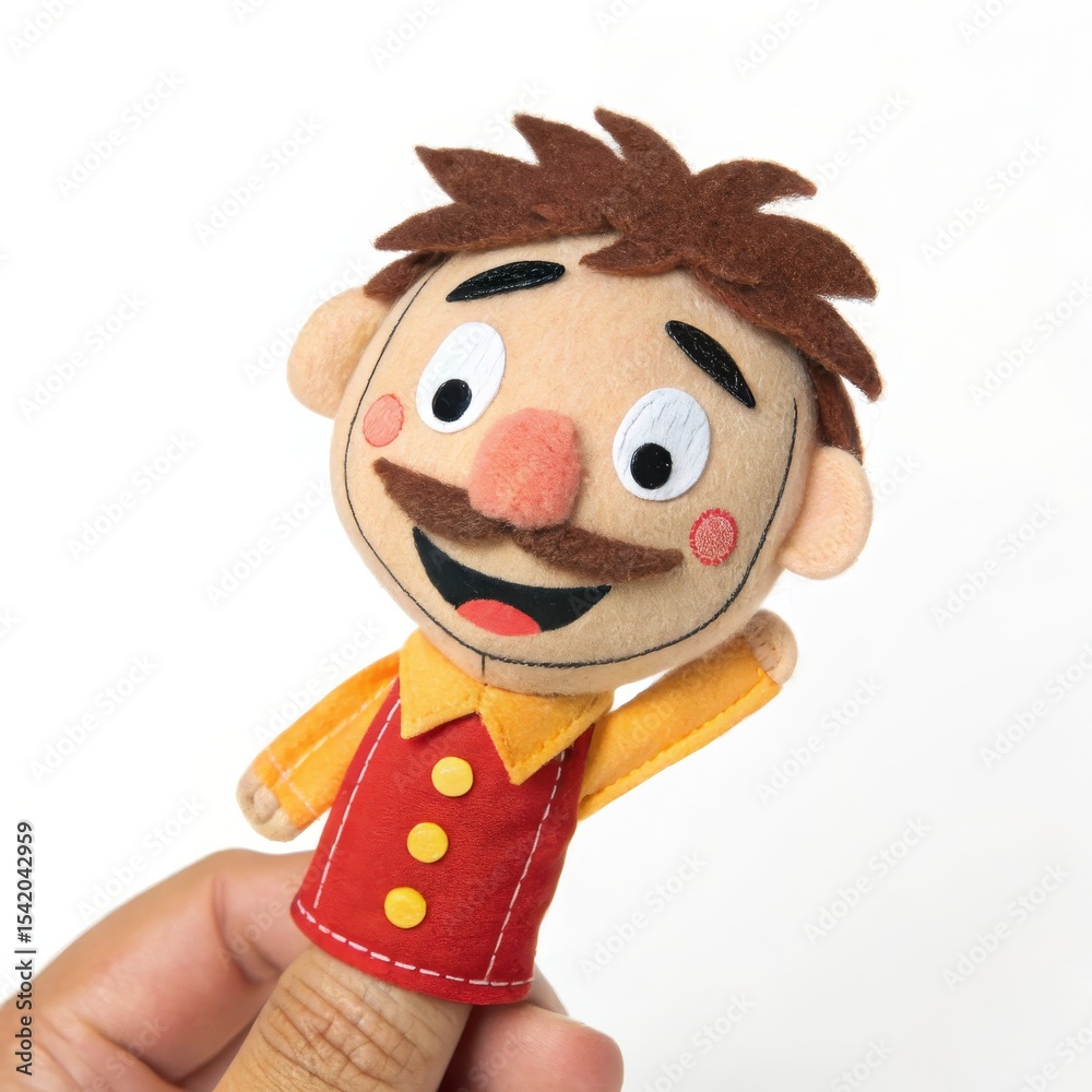 Fototapeta premium Felt Finger Puppet Happy Man with Mustache and Vest Waving, Puppet , Crafts
