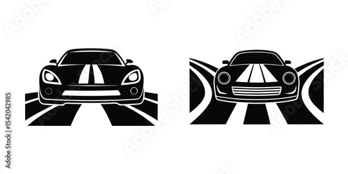 Racing Sports Car Rear View Gliding Along Highway Silhouette on White Background