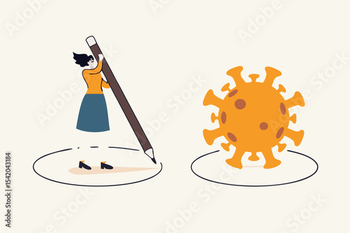 Social distancing, keep distance in public society people to protect from COVID-19 coronavirus outbreak spreading concept, woman keep distance away by drawing circle with virus pathogens