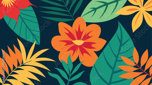 Vibrant tropical floral and leaf design with colorful flowers and lush greenery composition