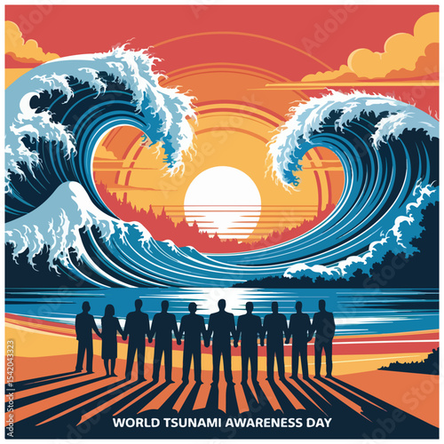 Wave-themed flyer design with bold text, raising awareness about tsunami safety and disaster preparedness.