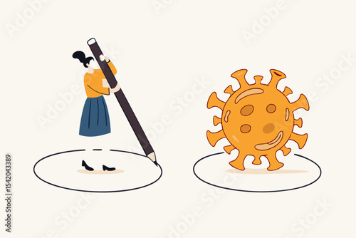 Social distancing, keep distance in public society people to protect from COVID-19 coronavirus outbreak spreading concept, woman keep distance away by drawing circle with virus pathogens