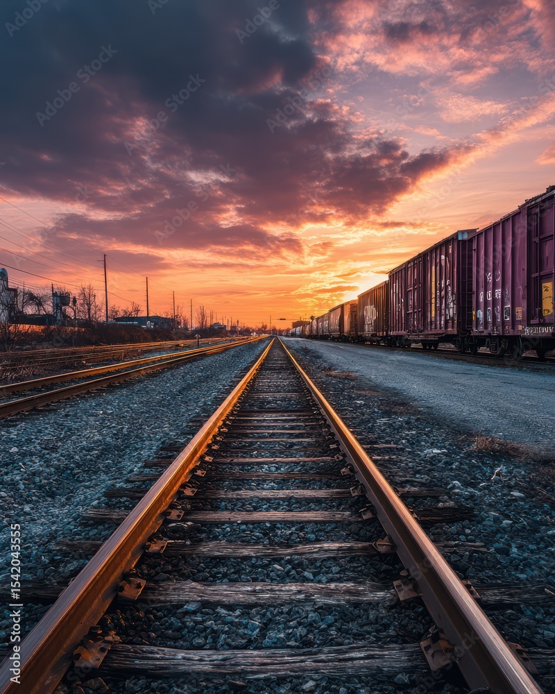 Obraz premium Scenic Railroad Tracks Under Dramatic Sunset Sky with Vibrant Colors and Tranquil Atmosphere
