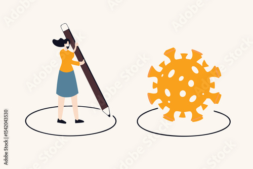 Social distancing, keep distance in public society people to protect from COVID-19 coronavirus outbreak spreading concept, woman keep distance away by drawing circle with virus pathogens