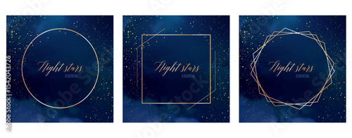 Magic night dark blue frames with sparkling glitter bokeh and light art. Square vector wedding cards. Gold confetti and navy backgrounds. Golden scattered Christmas dust. Fairytale magic star template