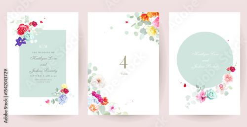 Bright spring vector flower design cards. Colorful wedding invitations with bright flowers and greenery. Tulips, roses, orchid, clematis, hiacynth, peony, carnation, flying petals and leaves. Isolated