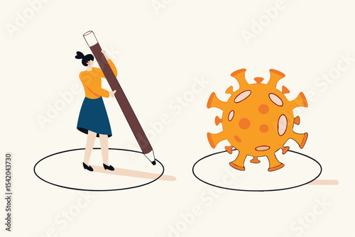 Social distancing, keep distance in public society people to protect from COVID-19 coronavirus outbreak spreading concept, woman keep distance away by drawing circle with virus pathogens