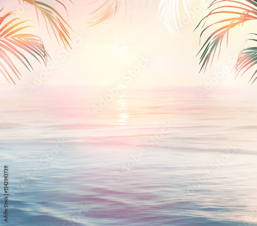 Scenic pink and yellow ocean sunrise view vector design frame. Tranquil costline horizontal panorama card. Idyllic sea in the morning. Wedding invitation landscape template. Elements are editable.