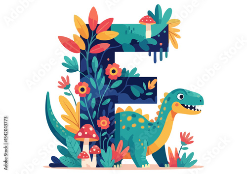 Colorful dinosaur and letter E design with flowers and plants on transparent background copy space