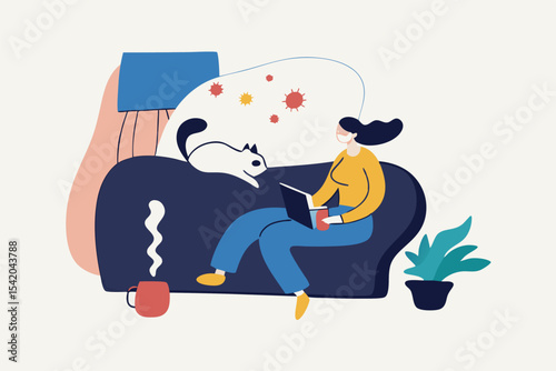 Work from home in COVID-19 virus outbreak, social distancing company allow employee work at home to prevent virus infection, young woman working on sofa with cat look outside to see virus pathogens.
