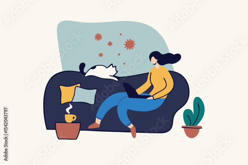 Work from home in COVID-19 virus outbreak, social distancing company allow employee work at home to prevent virus infection, young woman working on sofa with cat look outside to see virus pathogens.