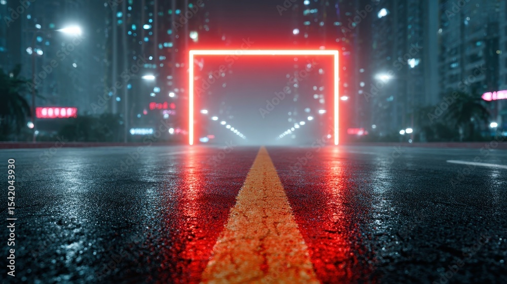 Fototapeta premium Futuristic Urban Scene with Neon Frame on Wet Road Surrounded by Skyscrapers in a Foggy Night Environment