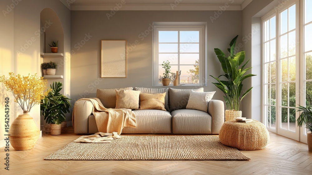 Fototapeta premium Cozy and Bright Living Room with Soft Sofa, Large Windows, Indoor Plants and Warm Decor Elements