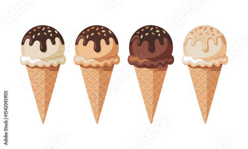 scalable vector illustration of three ice cream cones arranged side by side in a horizontal line, easily editable and scalable.