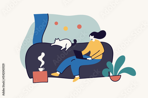Work from home in COVID-19 virus outbreak, social distancing company allow employee work at home to prevent virus infection, young woman working on sofa with cat look outside to see virus pathogens.