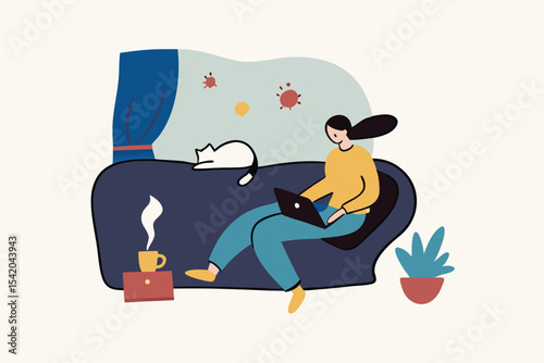 Work from home in COVID-19 virus outbreak, social distancing company allow employee work at home to prevent virus infection, young woman working on sofa with cat look outside to see virus pathogens.
