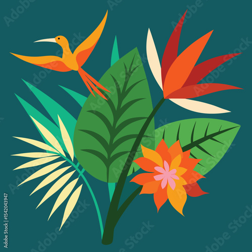 Vibrant tropical illustration featuring colorful flowers hummingbird and lush greenery