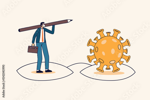Social distancing, keep distance in public society people to protect from COVID-19 coronavirus outbreak spreading concept, businessman keep distance away by drawing circle with virus pathogens