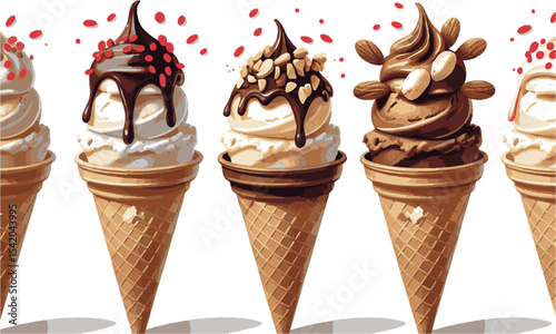 scalable vector illustration of three ice cream cones arranged side by side in a horizontal line, easily editable and scalable.