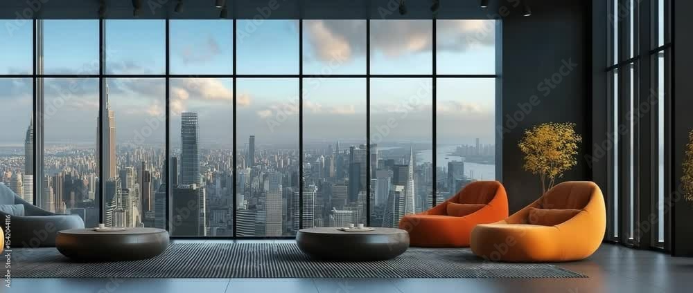 A contemporary lounge featuring coffee tables and sofas in a tall building with expansive windows and a panoramic view of the city