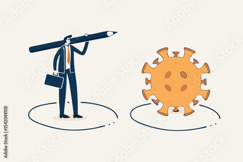 Social distancing, keep distance in public society people to protect from COVID-19 coronavirus outbreak spreading concept, businessman keep distance away by drawing circle with virus pathogens