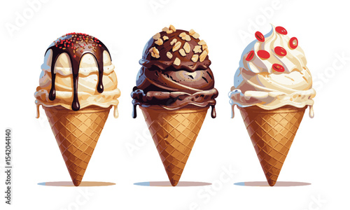 scalable vector illustration of three ice cream cones arranged side by side in a horizontal line, easily editable and scalable.