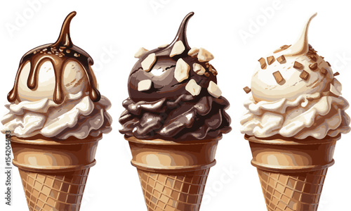 scalable vector illustration of three ice cream cones arranged side by side in a horizontal line, easily editable and scalable.