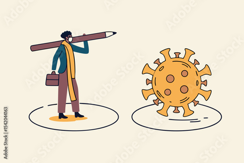 Social distancing, keep distance in public society people to protect from COVID-19 coronavirus outbreak spreading concept, businessman keep distance away by drawing circle with virus pathogens